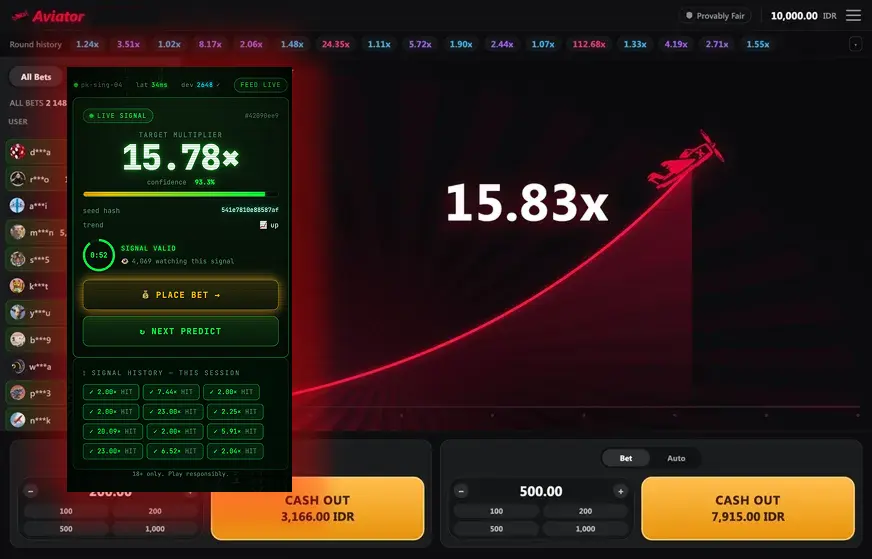 APK predictor target of 15.78x displayed beside an Aviator round at 15.83x