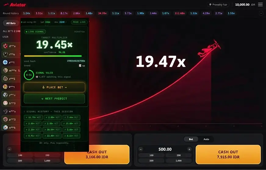 Aviator Predictor APK showing a 19.45x target next to a round that reached 19.47x