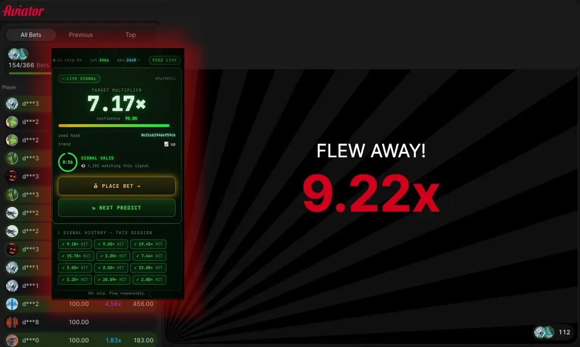 APK predictor panel showing a 7.17x target beside a completed Aviator round